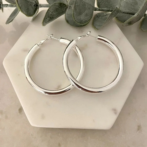 925 Sterling Silver Hoop Earrings Large Silver Hoops Chunky Earrings - Picture 3 of 5